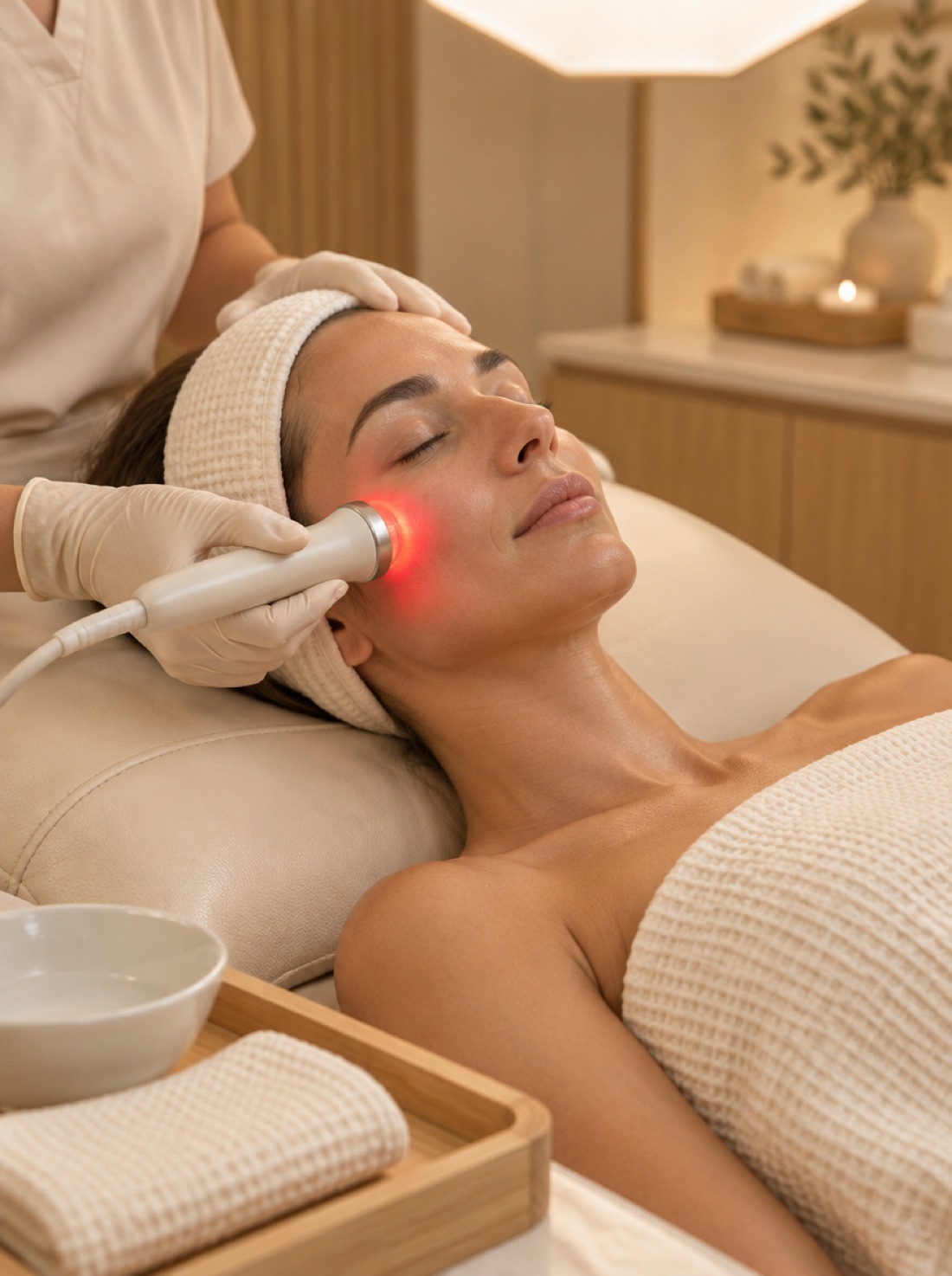Advanced Vagheggi facial with an LED wand on the cheek at V SPA