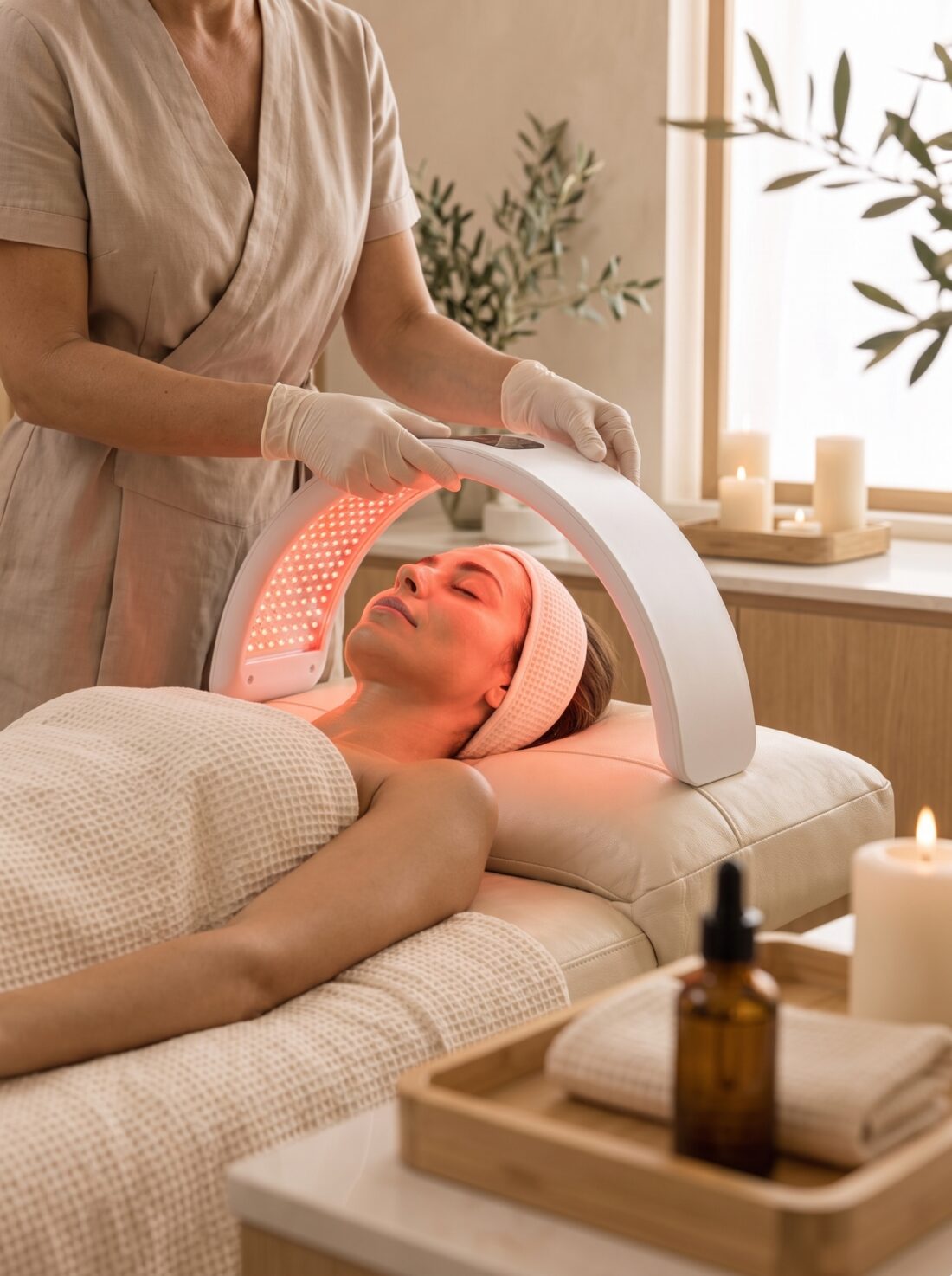 Advanced Vagheggi facial under an LED light panel at V SPA