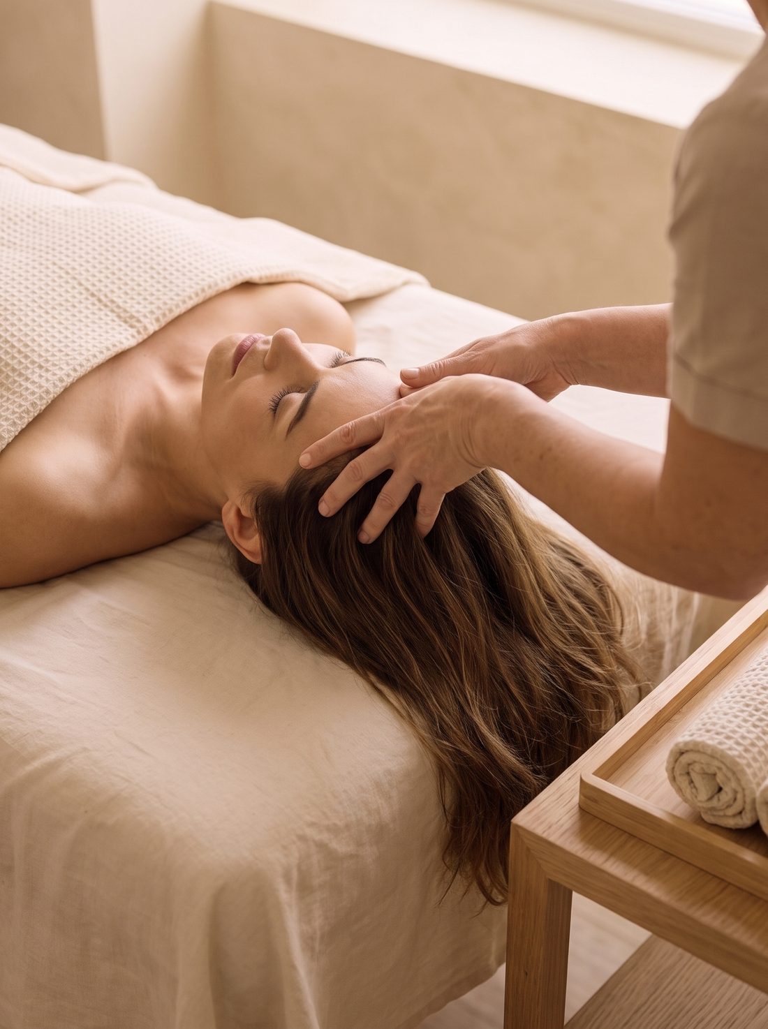 Head massage at V SPA Labrador, fingertips working through the scalp