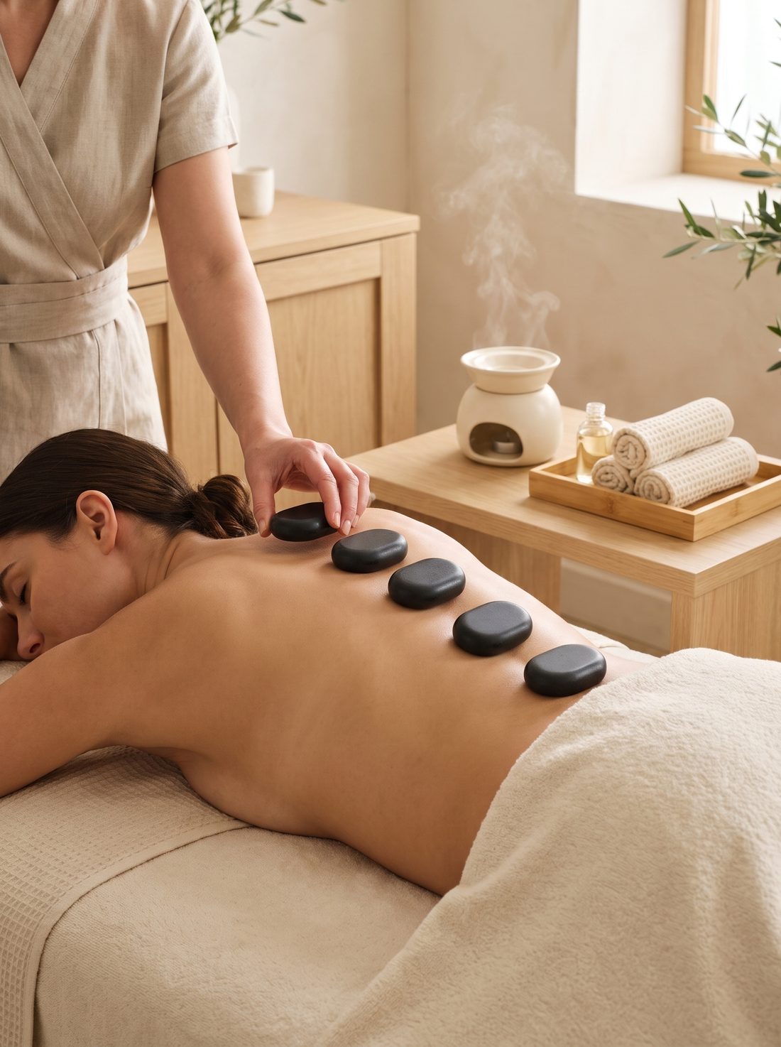 Hot stone therapy at V SPA Labrador, warm stones placed along the back