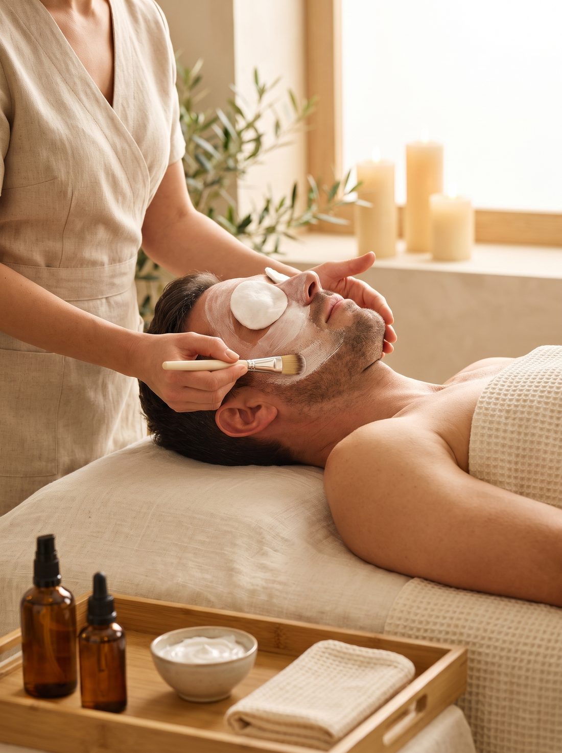 Men's facial at V SPA Labrador, cream mask applied with a brush