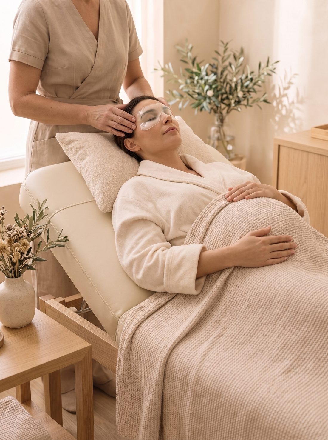Mum-to-Be Ritual at V SPA Labrador, resting in a robe with eye pads on and a gentle head massage