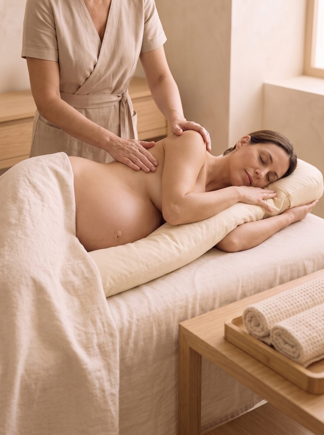 Pregnancy massage at V SPA Labrador, resting on her side on a body pillow