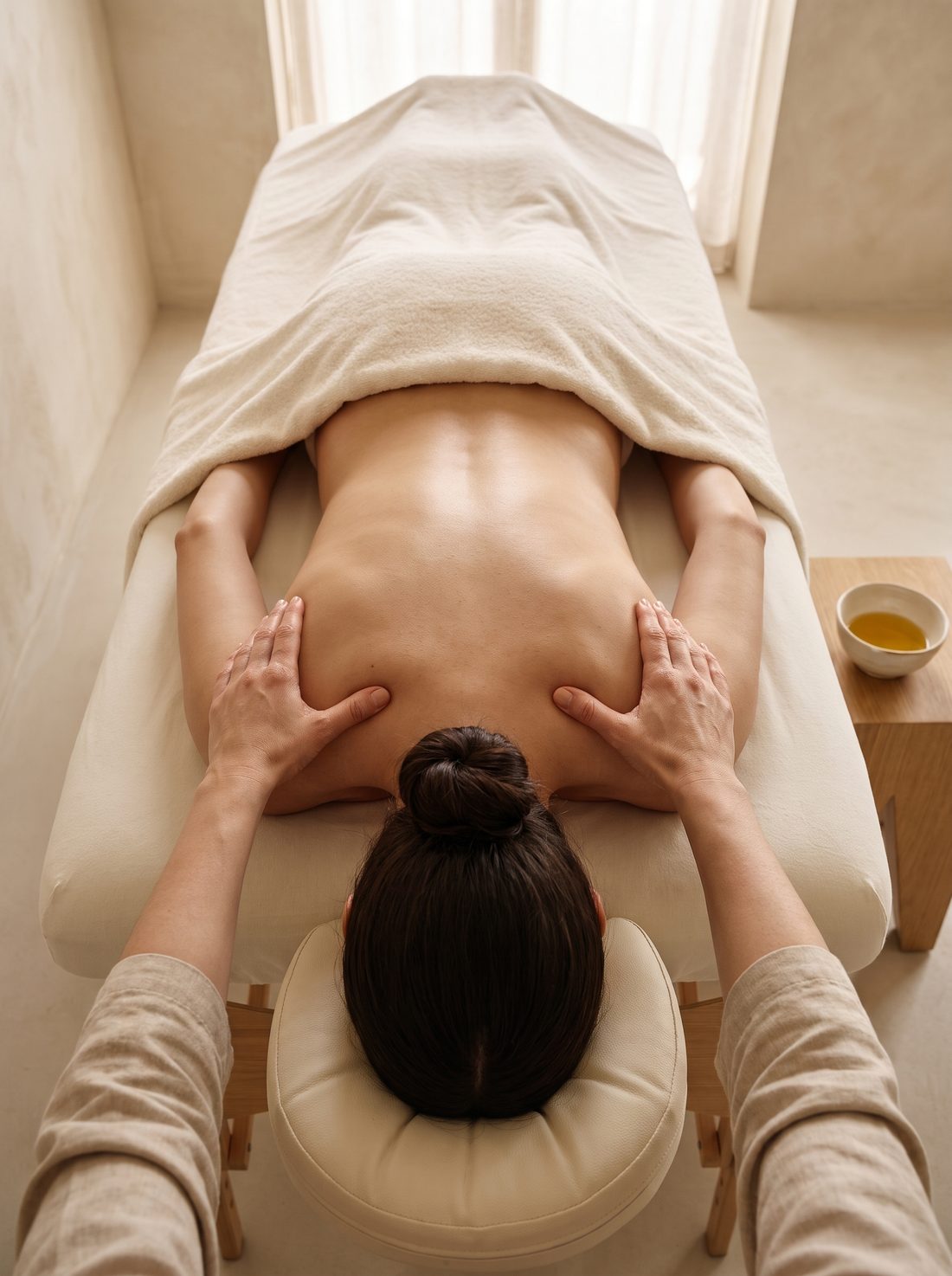 Signature Custom Touch massage at V SPA Labrador, hands working the shoulders