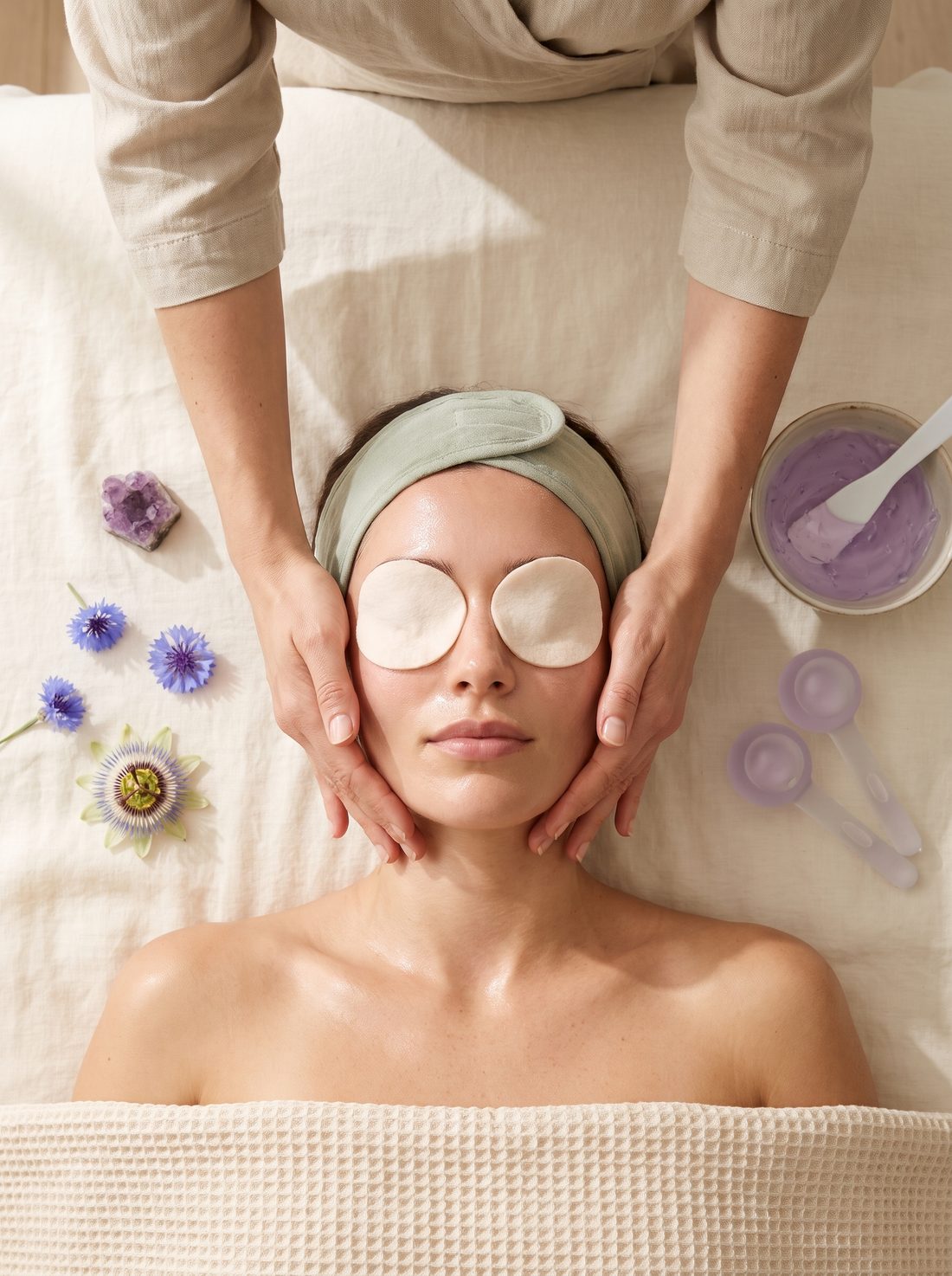Signature Face Art facial at V SPA Labrador, hands-on lifting massage with eye pads on