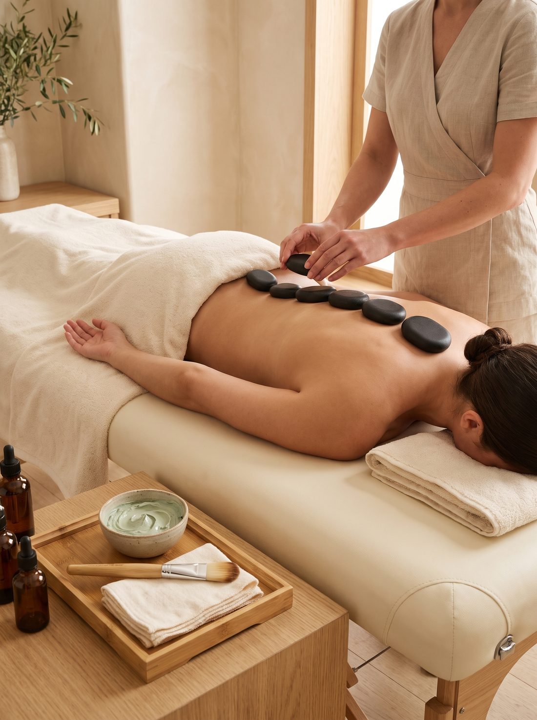 Stone and Skin Ritual at V SPA Labrador, warm stones on the back with a face mask ready