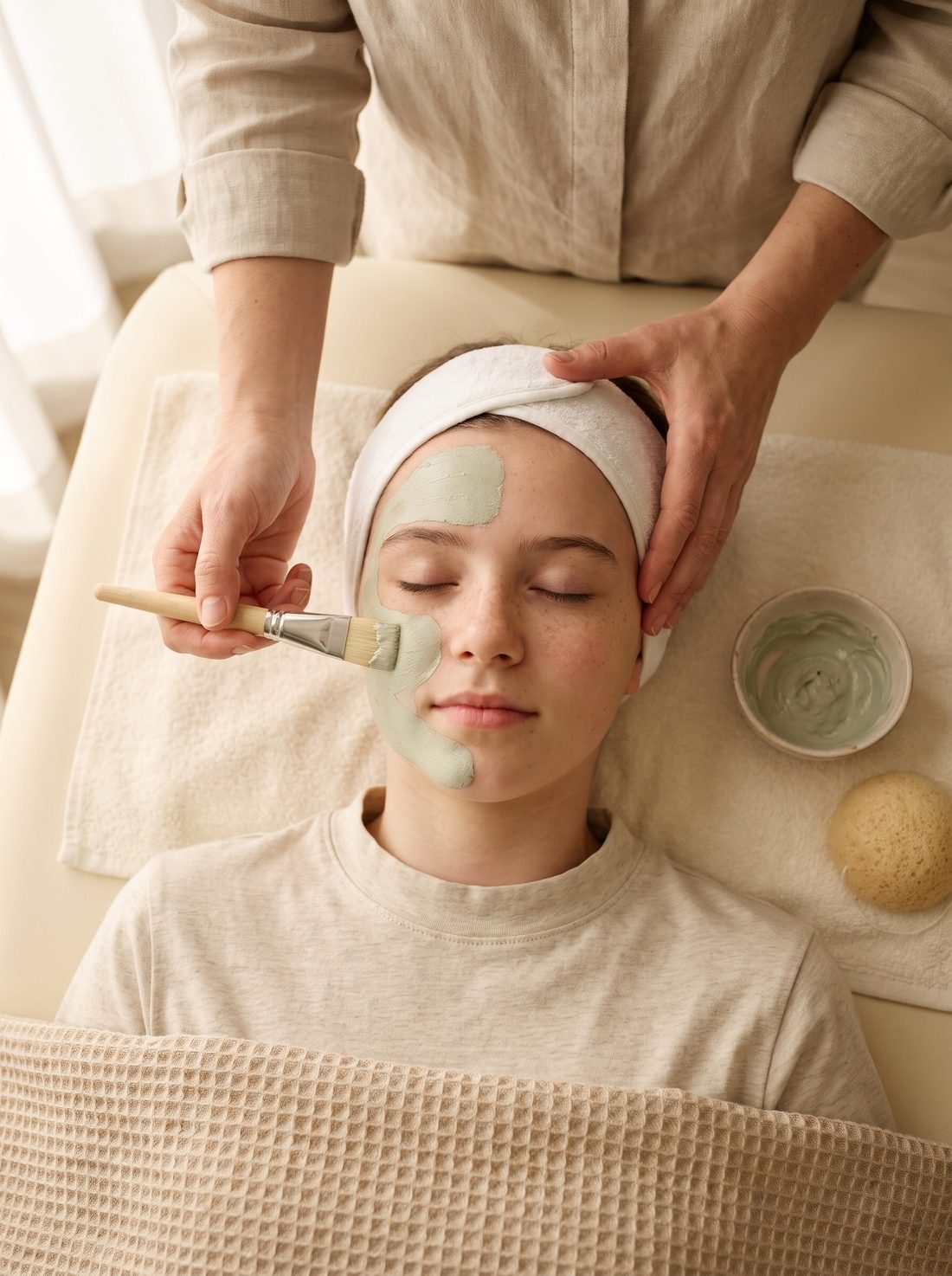 Teen facial at V SPA Labrador, a soft clay mask brushed on