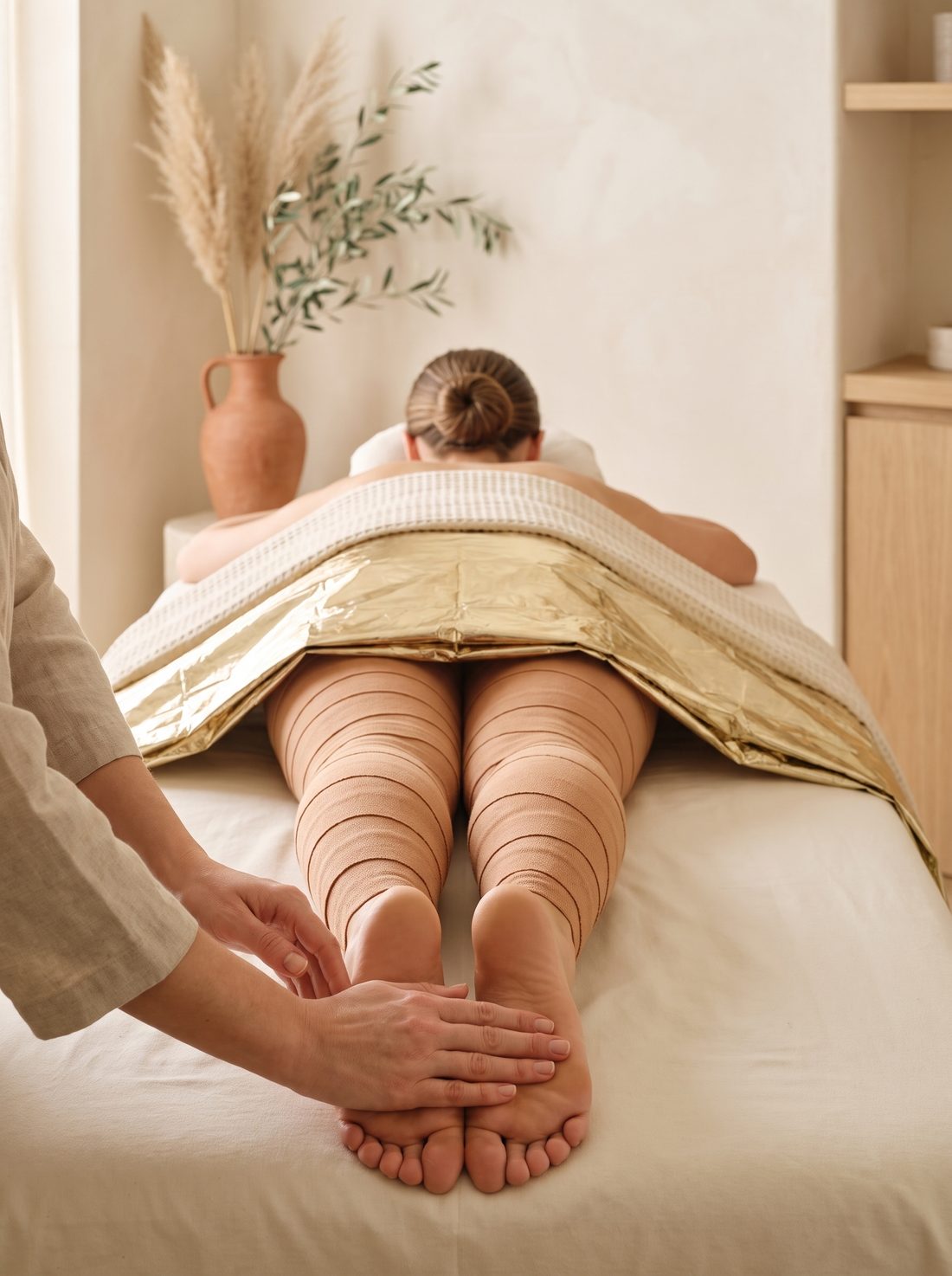 Thermo Drainage Wrap at V SPA Labrador, legs in thermal bandages while the feet are massaged